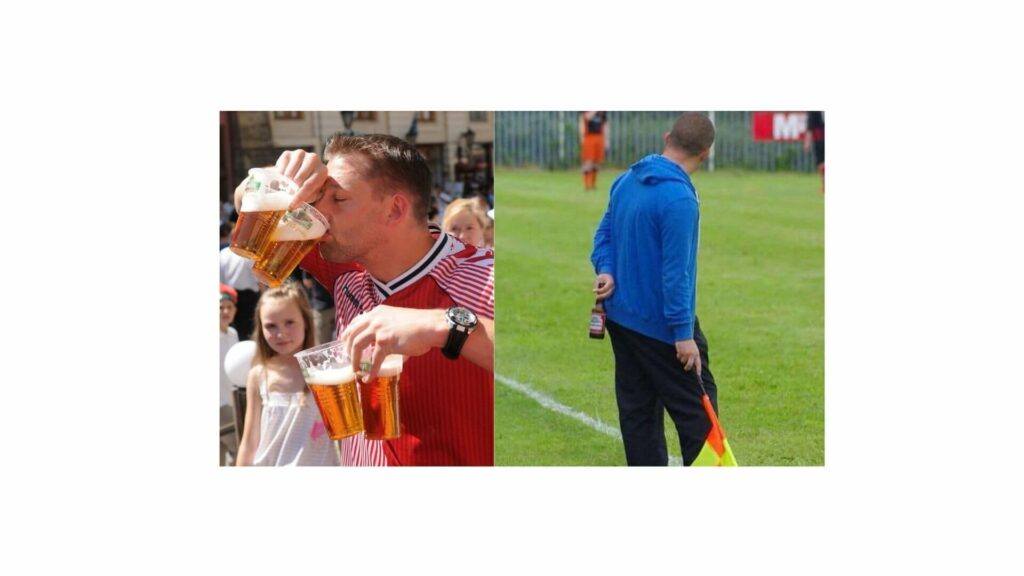 What is Sunday league football - players having some drinks after a football game.