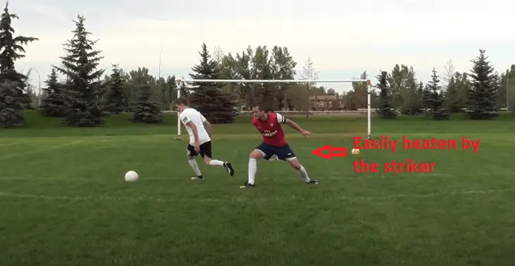 How to defend in soccer - A striker getting rid of a defender. The defender was not perfectly on his toes