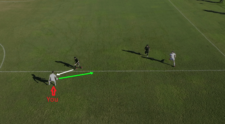 Midfield position in soccer - four players on a soccer pitch. One is receiving the ball and is about to execute a first touch to get rid of the opposing defender