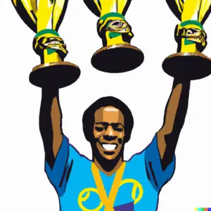 Pele vs Messi - Image showing Pele in a cartoon animation holding three world cup trophies