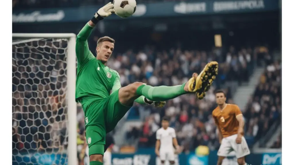 Role of a goalie in soccer - A goalkeeper confidently catching a high ball in the midst of a crowded penalty area