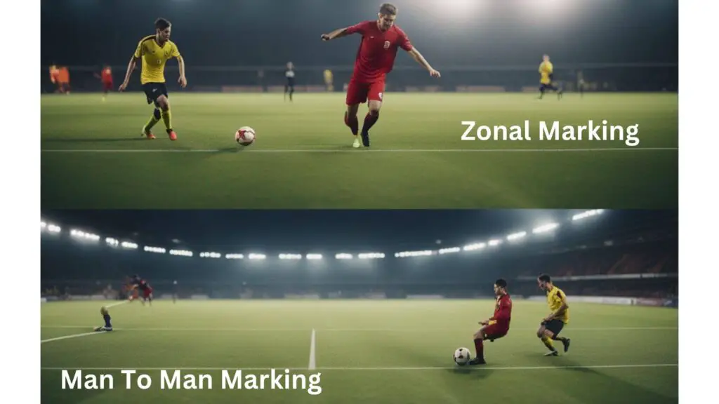 Defense positions in soccer - Comparison image of players demonstrating zone marking and man-to-man marking tactics