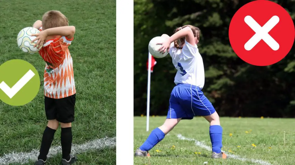 Throw in rules in soccer/football - One player on the left executing a throw the right way and another on the right doing it the wrong way